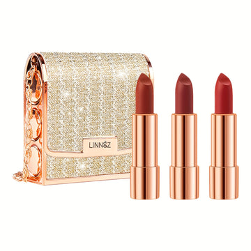 Velvet Texture Matte Lipstick Set - Long Lasting, Waterproof, Smudge Proof, Retractable Red Lipstick with Slivery Chain Bag Package Valentine's Day Gifts