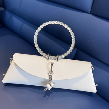 Women's Luxury Designer Clutch Handbag with Detachable Chain Strap & Closure - Synthetic Leather Rhinestone-Adorned White/Black/Green Evening Bag, Golden-Tone Hardware, Elegant Large Statement Purse for Parties, Weddin