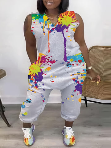 Women's Plus Size Splatter Print Jumpsuit with V-Neck and Convenient Pockets