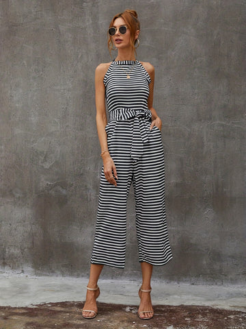 Elegant Striped Midi Jumpsuit with Tie Belt | Sleeveless Wide-Leg Design for Summer Chic | Durable & Easy-Care Knit