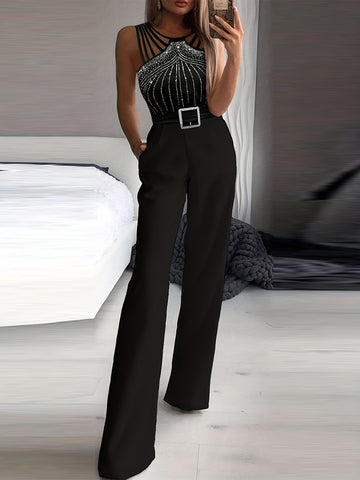 Rhinestone Embellished Wide Leg Jumpsuit - Sleeveless, Halter Neck, Slim Waist, Cut Out, Micro Elasticity, Polyester Fabric - Hand Wash, Summer Casual Wear for Women