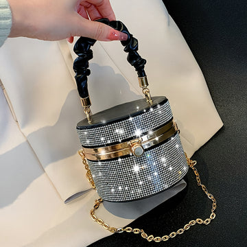 Mini Allover Rhinestone Handbag, Ruched Detail Evening Bucket Bag, Stylish Chain Shoulder Purse For Party Inch - Rhinestone & Chain Detail - Perfect for Evening Events & Parties - Ideal Gift for Women - For Car