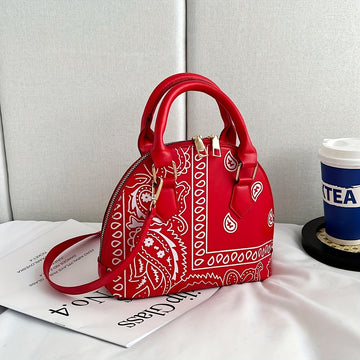 Versatile Dome Shoulder Bag, Portable Double Handle Stylish Handbag, Zipper Faux Leather Trendy Crossbody Bag