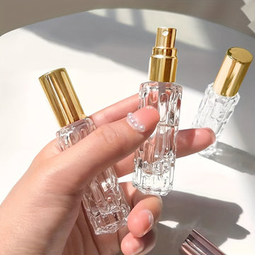4pcs 0.34oz Clear Empty Refill Perfume Spray Bottle Jars With Cap Art Design Cosmetic Perfume Makeup Water Storage Holder Container DIY Beauty Tool, Easy To Carry, Suitable For Traveling And Traveling, Travel Accessories