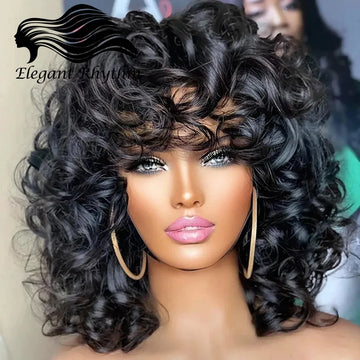 Short Curly Bob Wig with Bangs – 100% Brazilian Remy Human Hair, Glueless Machine-Made Afro Wig