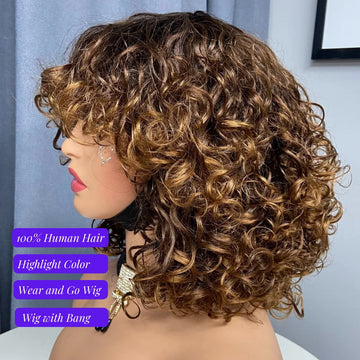 Hot Wear and Go Human Hair Wigs,Cheap Raw Vietnamese Hair Highlight Color Wig With Bang,10 Inch 200 Density Highlight Color Wigs
