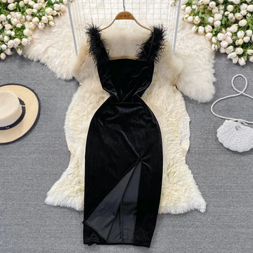 Gold Velvet Split Dress Tight Waist Show Thin Black Suspender Skirt Autumn and Winter New Narrow Casual Tank Dresses