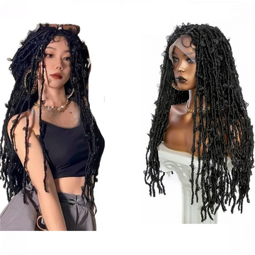 Natural Black 1B# 28-Inches Knotless Butterfly Locs Superior High Temperature Synthetic Fibre 13x6 Front Lace Long Baby Hair Wig