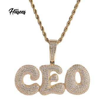 New Men's Trendy Creative Iced Out Cz Initial Pendant Necklace Custom Diamond Bubble Font Letter Name Jewelry