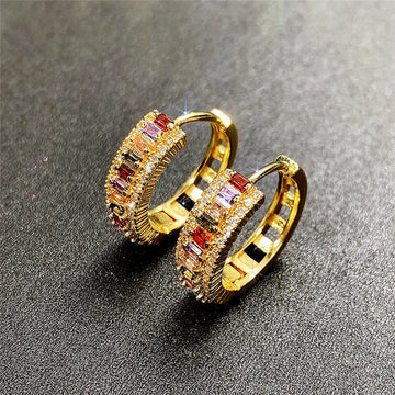 Huitan Gold Color Hoop Earrings for Women Luxury Inlaid Rainbow Cubic Zirconia Modern Girls Fashion Ear Accessories Hot Jewelry