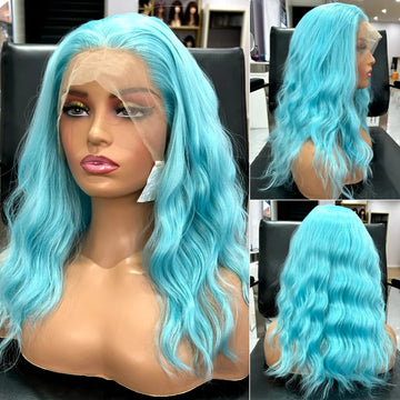 Short Curly Wavy Bob Wig – Sky Blue Synthetic Lace Front Wig, Shoulder-Length Loose Wave for Women