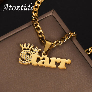 Atoztide Personalised Zircon Crown Star Custom Name Necklace Stainless Steel for Women Thick Cuban Chain Pendant Jewelry Gift