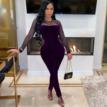 Sexy Sheer Mesh Patchwork Velvet Jumpsuit Women Long Sleeve Skinny Rompers Womens Jumpsuit Elegant Slim Bodycon Party Overalls