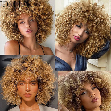 Kinky Curly Wig with Bangs – Short Afro Synthetic Blonde Wig, Glueless High-Temperature Fiber for Daily & Cosplay
