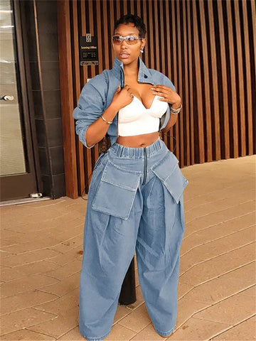 Jeans Women High Waist Denim Bottom Boy Friend Straight Cargo Pockets Zip Pants Korean Streetwear