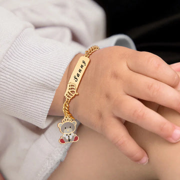 Infant Stainless Steel Crown Chain Link Baby Bear Bracelet with Free Engraving for Kids Child Birthday Gift