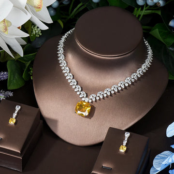 HIBRIDE 2PCS Square Design Women Necklace And Earring Sets Cubic Zirconia Yellow Color Jewelry Sets For Bridal Wedding