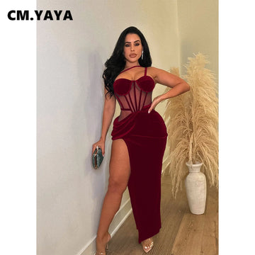 CM.YAYA Women’s Halter Neck Maxi Dress – Sleeveless Velvet Mesh Patchwork Party Dress