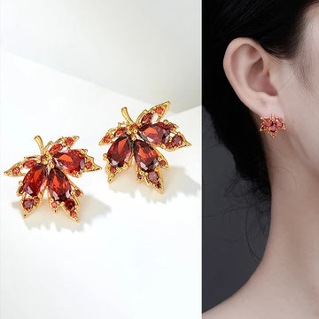 Red Gem Maple Leaf Stud Earrings for Women New Fashion Light Luxury Earrings Retro Simple Crystal Earrings Jewelry