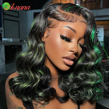 Highlights Green Colored With Glitter Strands Loose Curly Hairstyle 13x6 Lace Frontal Wig Human Hair Wigs For Black Women