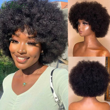 Brazilian Afro Kinky Curly Bob Wigs 200% Density Remy Human Hair Wigs Nature Black Color Wigs With Bang Glueless For Black Women