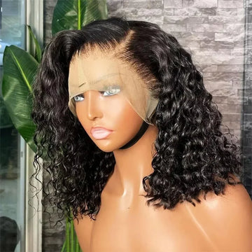 Water Wave Curly 13x4 Frontal Bob Wig 100% Human Hair Natural Black 250% Density For Black Women
