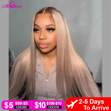 200 Density Ombre Ash Blonde 13x4 Straight Lace Front Wig PrePlucked Brown Root Blonde Wig 13x4 Lace Frontal Human Hair Wigs