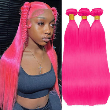 Fashion Trends Hot Pink Colored Straight Human Hair Bundles 100% Remy Hair Extensions Raw 1/3/4 Human Hair Bundles Double Weft