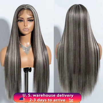 40Inch Silver Grey Salt & Pepper Straight Human Hair Wigs 13x6 Transparent Front Human Hair Wigs 13x5 Brazilian Remy Closure Wig