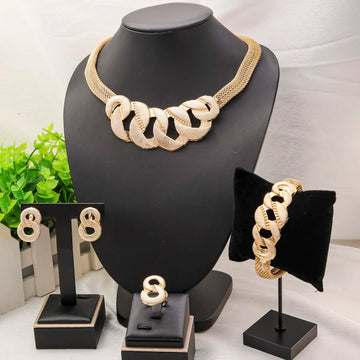 Gold Color Jewelry Sets for Women Bridal Indian Necklace Set Nigerian Choker Necklace Wedding Bracelet Earring Ring
