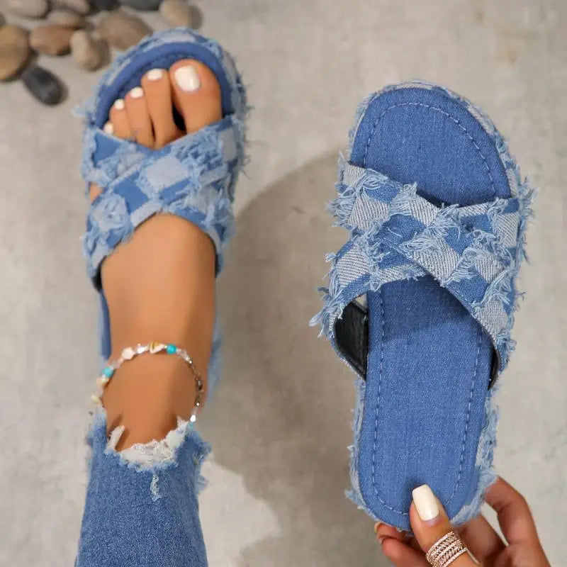 Women Denim Slides Summer Sandals Women's Slip on Wedges Platform Casual Open Toe Fashion Jeans Canvas