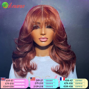 Reddish Brown Colored Body Wave With Bangs 13x6 Lace Frontal Wig Brazilian Remy Human Hair Wig For Women 5x7 Lace Closure Wigs