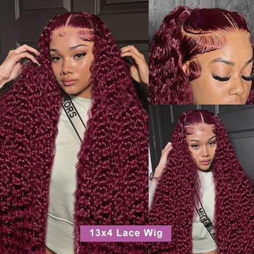 40 Inch 99J Burgundy Deep Wave 13x6 HD Lace Front Wig 250% Red Colored Curly 13x4 Lace Frontal Human Hair Wigs For Women