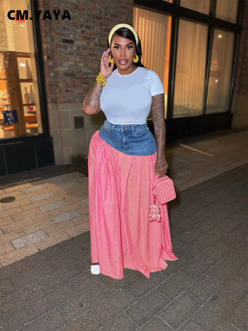 Fashion High Side Split Plaid Denim Patchwork Loose Maxi Long SkirtsSummer Streetwear Classic Party Skirt