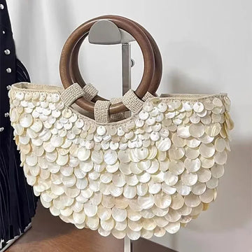Handmade Shell Embroidery Woven Tote Bag – Luxury Straw Bucket Handbag with Wooden Handle