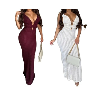 Dress Woman Hollow Ruffles Summer Backless Straps Solid Lace Tierred Chic Elegant Party Skinny Vestidos