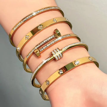 Bracelet Couple's Shiny Zircon Inlaid Stainless Steel Bangles Gold Color Female Jewelry