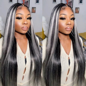 34Inch Straight Highlight Lace Frontal Wigs Human Hair Silver Grey And Black Colored Lace Front Wig For Women HD Transparent