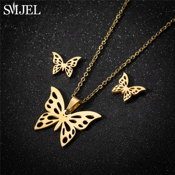 Korea Style Stainless Steel Butterfly Jewelry Sets for Women Cartoon Bee Insect Pendant Necklace Girls Summer Beach Wedding