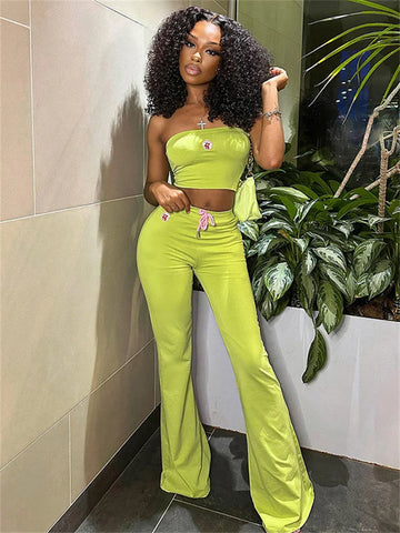 Simenual Y2K Green Floral Two-Piece Set – Strapless Tube Top & Flare Pants Co-ord Outfit