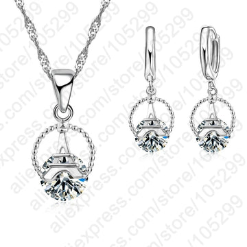 Female Shinny CZ Necklace/Earrings Set 925 Sterling Silver Tower Pendant Jewely Sets Party Gifts