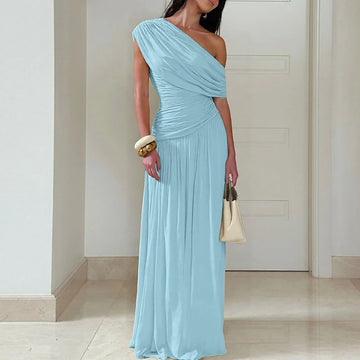 ELSVIOS Women’s High Waist Pleated Maxi Dress – Sexy One Shoulder Summer Party Dress