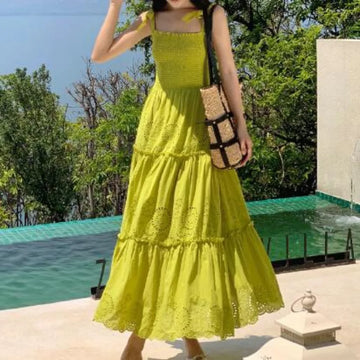 Elegant Sexy Backless High Waist embroidery Slip Dress Fairy A-line Summer Beach Vacation Slim Women Evening Party Dress