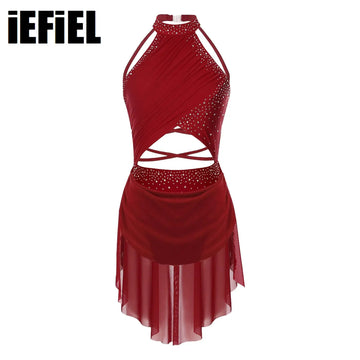 Womens Lyrical Dance Dress Performance Costume Cutout Strappy Backless Sheer Mesh Overlay Glittery Rhinestone Leotard Dress