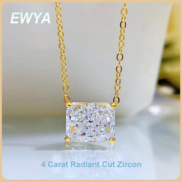EWYA 4 Carat Radiant Baguette White Diamond Clavicle Necklace Simple Women's Lotus 925 Silver Necklaces for Women Fine Jewelry