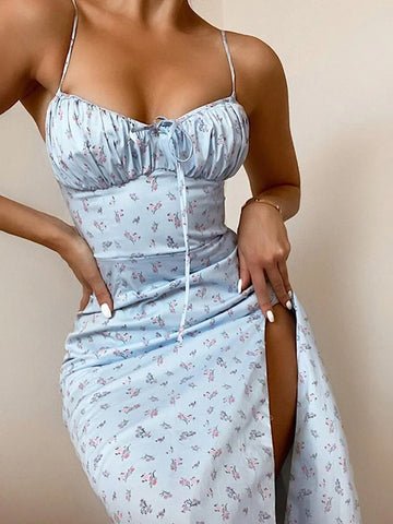 Hugcitar 2025 Floral Satin Slip Maxi Dress – Sleeveless Ruched Bandage Cut Out Party Dress