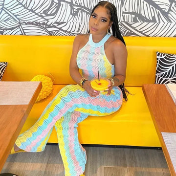 Women’s Knitted Striped 2-Piece Set – Sleeveless Crop Top & Flare Pants Summer Outfit