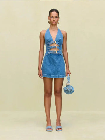 Deep V Neck Halter Denim Dress Hollow Out Belt Design Waist Cinched Slim Fit Cowboy Women Vest Short Dresses Streetwear Clothes
