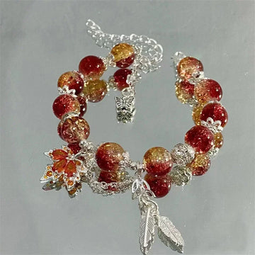 New Trendy Red Crystal Beaded Maple Leaf Bracelet for Women Fashion Butterfly Feather Pendant Bracelet Friendship Jewelry
