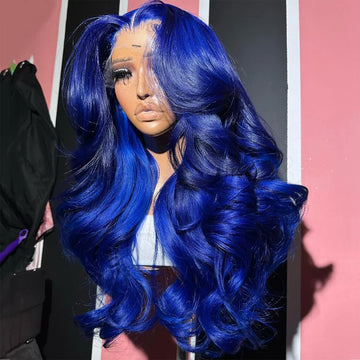 Navy Blue 13x4 Lace Front Body Wave Human Hair Wigs Brazilian Blue Colored HD Transparent Lace Front Wigs For Women Pre Plucked